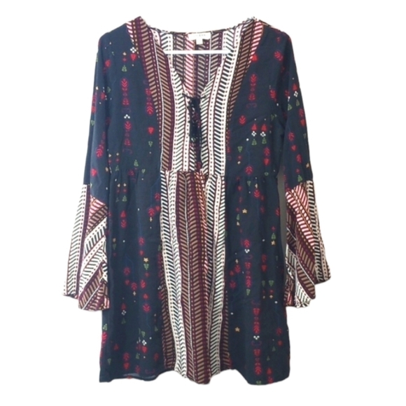 Umgee Dresses & Skirts - Umgee Women's Dress Sz M Boho Lace-Up Multi Print Tunic Flowy Sleeves Bohemian